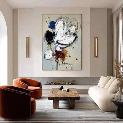 SYNCOPATION: Large Vertical Abstract Painting with Dynamic Lines | gold frame stretched on neutral wall