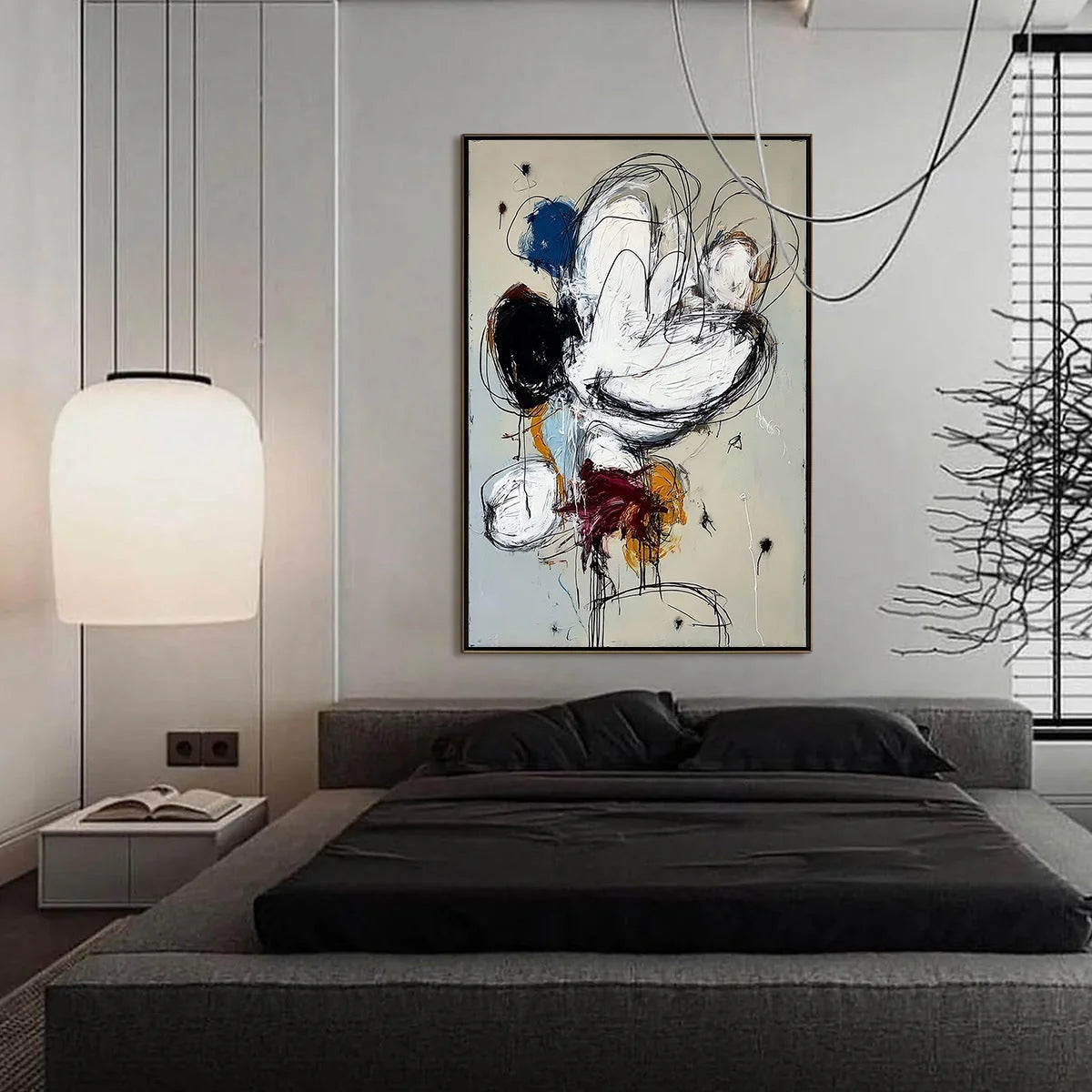 SYNCOPATION: Large Vertical Abstract Painting with Dynamic Lines | black frame version on white wall