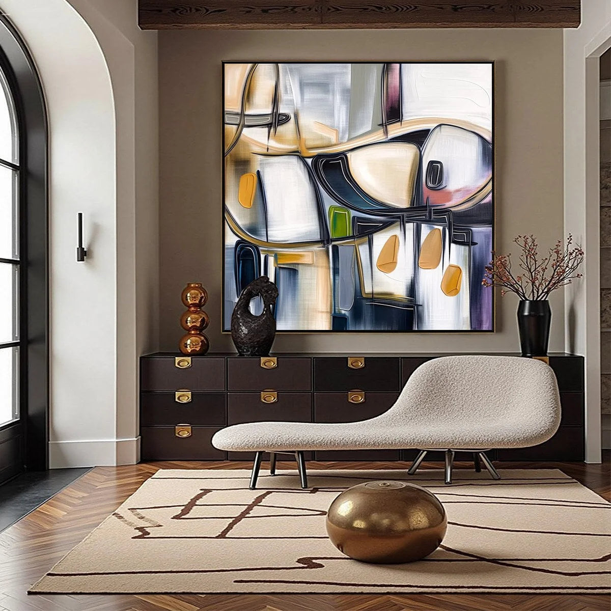 SYNCOPATION: Modern Abstract Square Painting with Textured Accents | gold frame stretched on neutral wall
