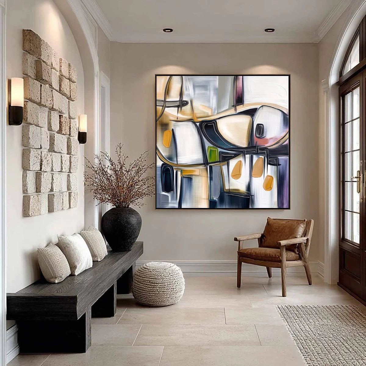 SYNCOPATION: Modern Abstract Square Painting with Textured Accents | black frame version on white wall