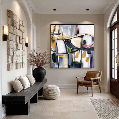 SYNCOPATION: Modern Abstract Square Painting with Textured Accents | black frame version on white wall