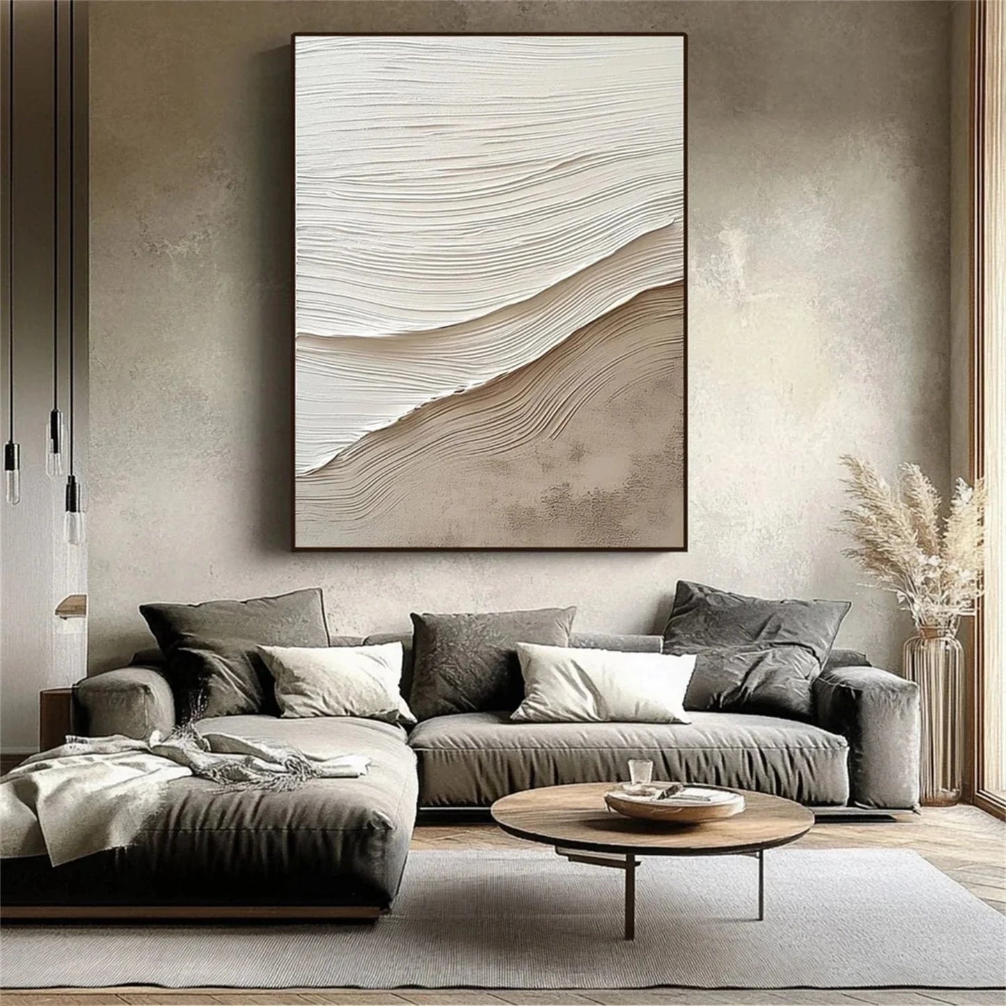 Tactile Neutral Wall Art – Earthy Textured Minimalism styled in a refined neutral room setting to show wall scale, calm proportion, and interior decor mood.