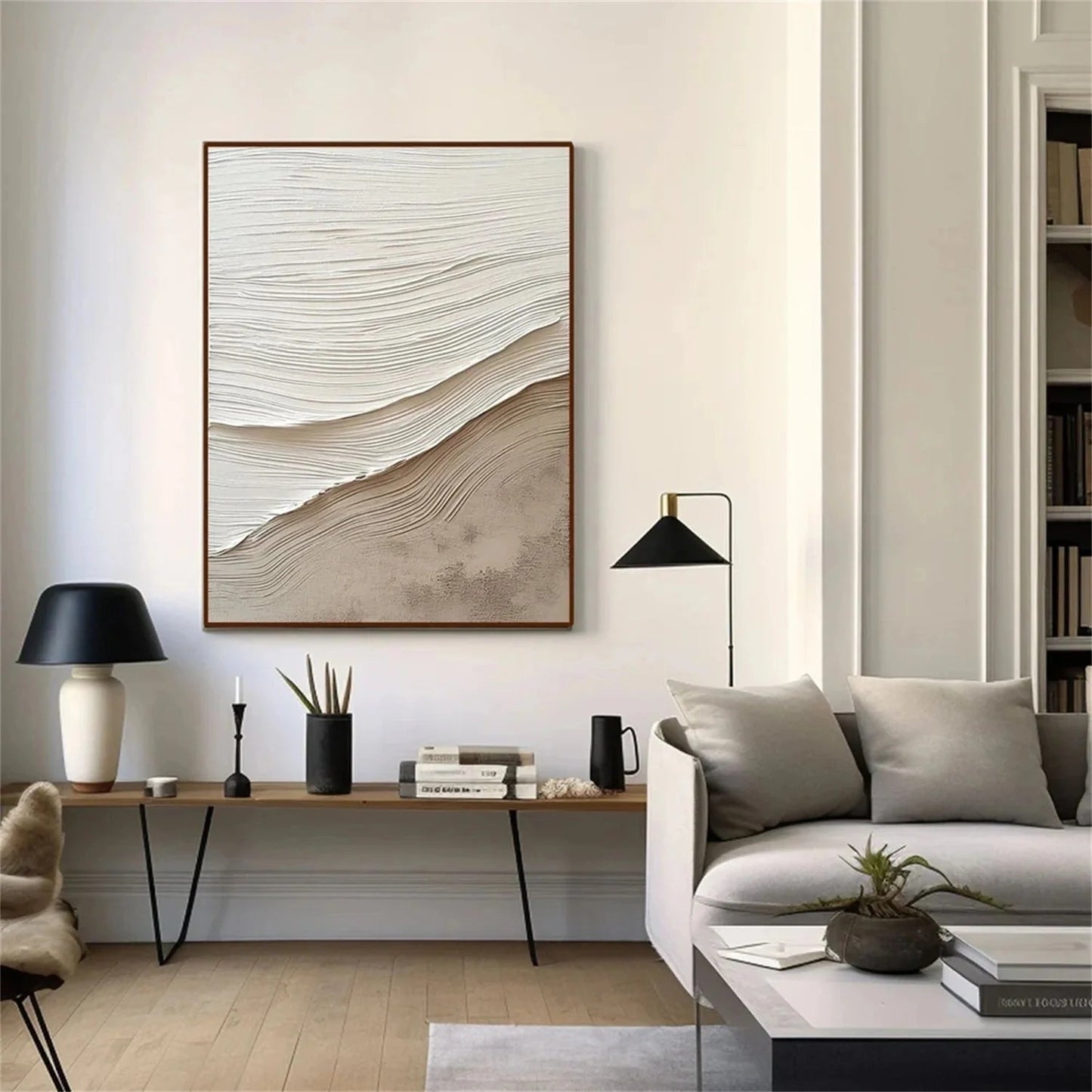 Tactile Neutral Wall Art – Earthy Textured Minimalism styled in a refined neutral room setting to show wall scale, calm proportion, and interior decor mood.