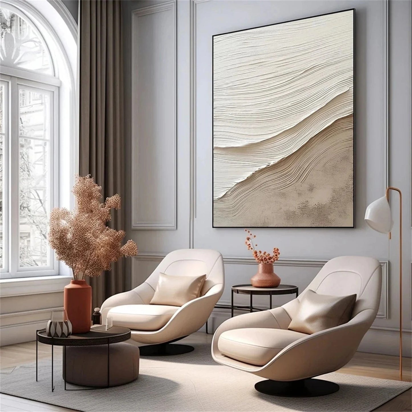 Tactile Neutral Wall Art – Earthy Textured Minimalism styled in a refined neutral room setting to show wall scale, calm proportion, and interior decor mood.
