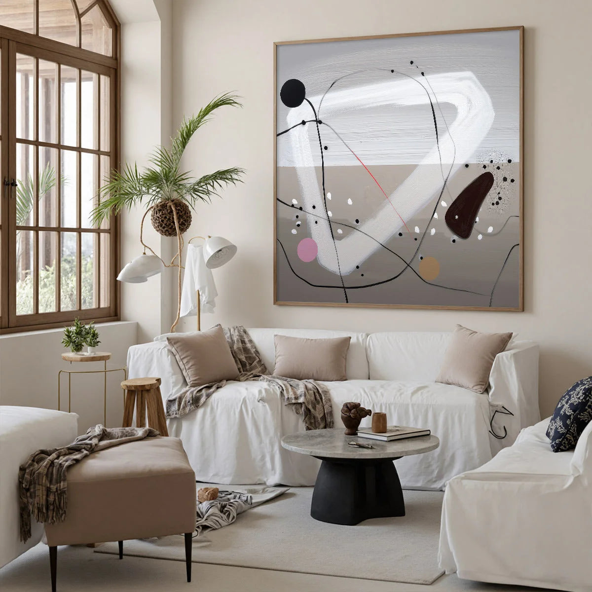 TAUPE TRIPTYCH: Minimalist Abstract Oil Painting | gold frame stretched on neutral wall