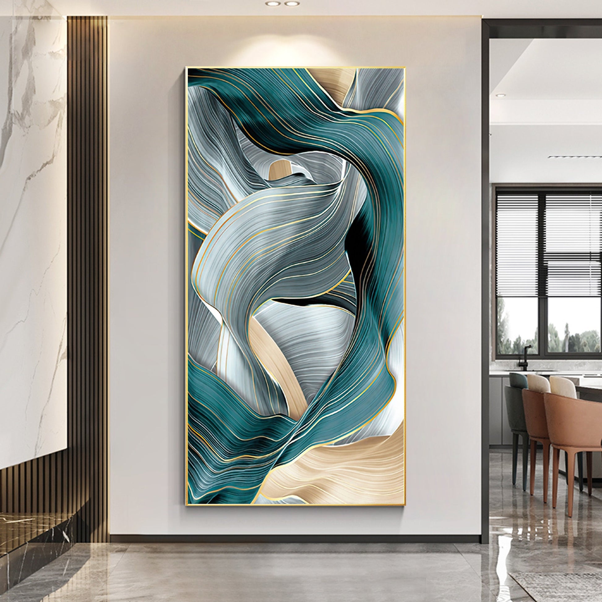 Teal and Gold Abstract Canvas Wall Art, Extra Large Modern Turquoise & Gray Flui #2
