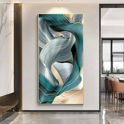 Teal and Gold Abstract Canvas Wall Art, Extra Large Modern Turquoise & Gray Flui #2