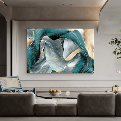 Teal and Gold Abstract Canvas Wall Art, Extra Large Modern Turquoise & Gray Flui #3