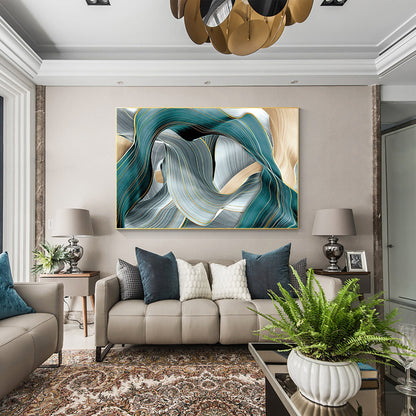 Teal and Gold Abstract Canvas Wall Art, Extra Large Modern Turquoise & Gray Flui #4