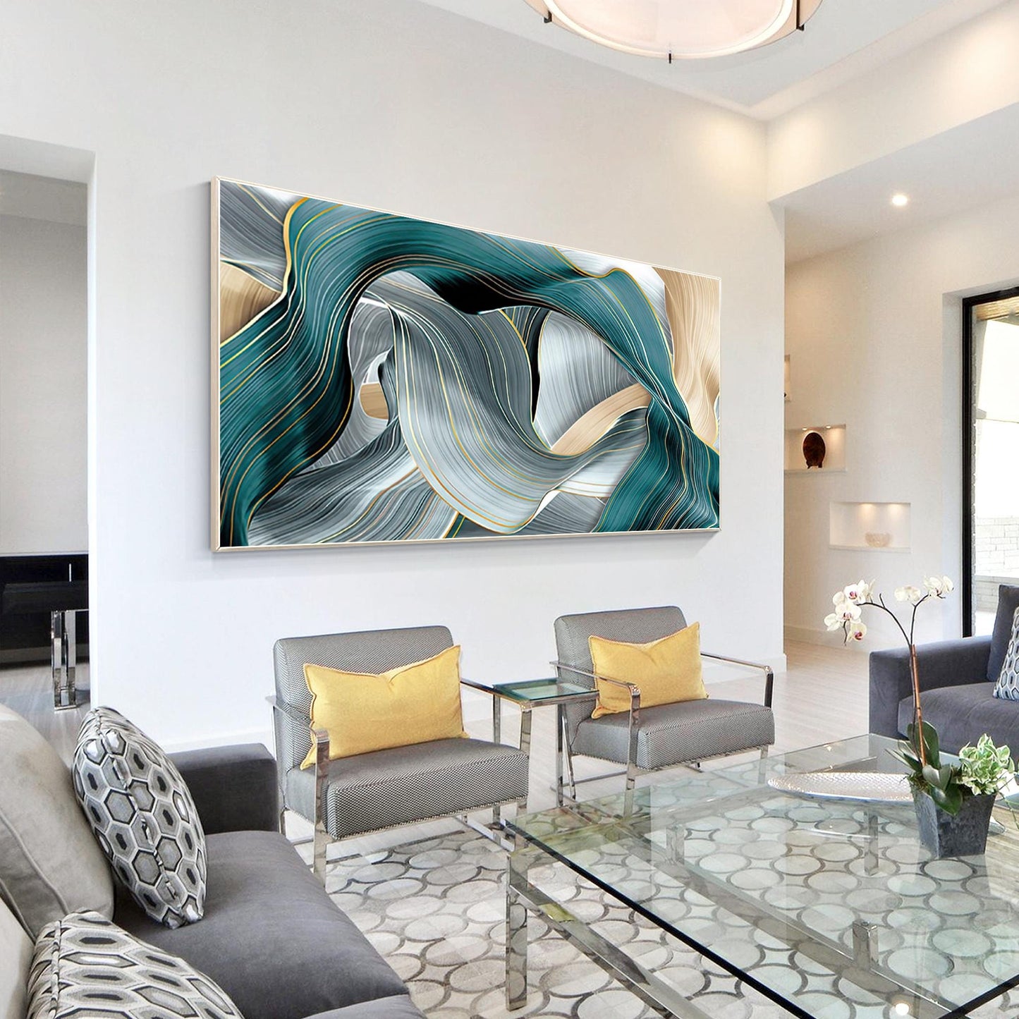 Teal and Gold Abstract Canvas Wall Art, Extra Large Modern Turquoise & Gray Flui #6