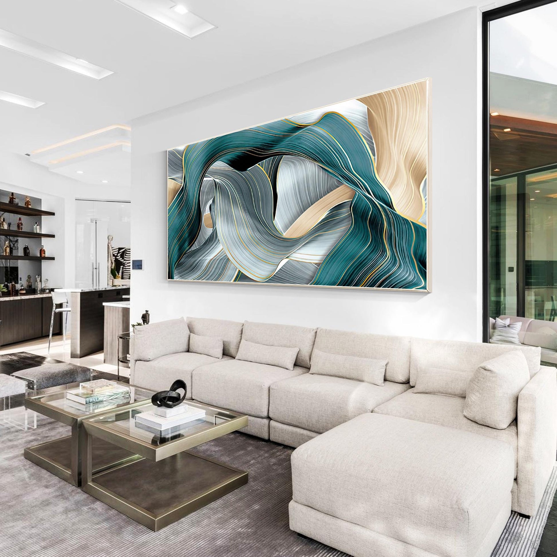 Teal and Gold Abstract Canvas Wall Art, Extra Large Modern Turquoise & Gray Flui #7