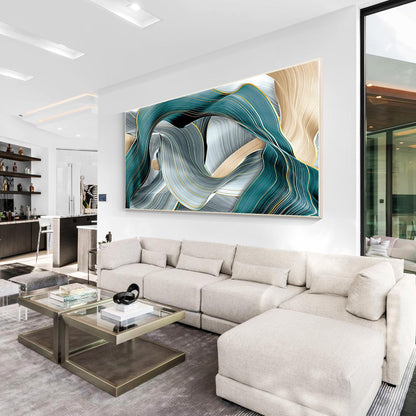 Teal and Gold Abstract Canvas Wall Art, Extra Large Modern Turquoise & Gray Flui #7