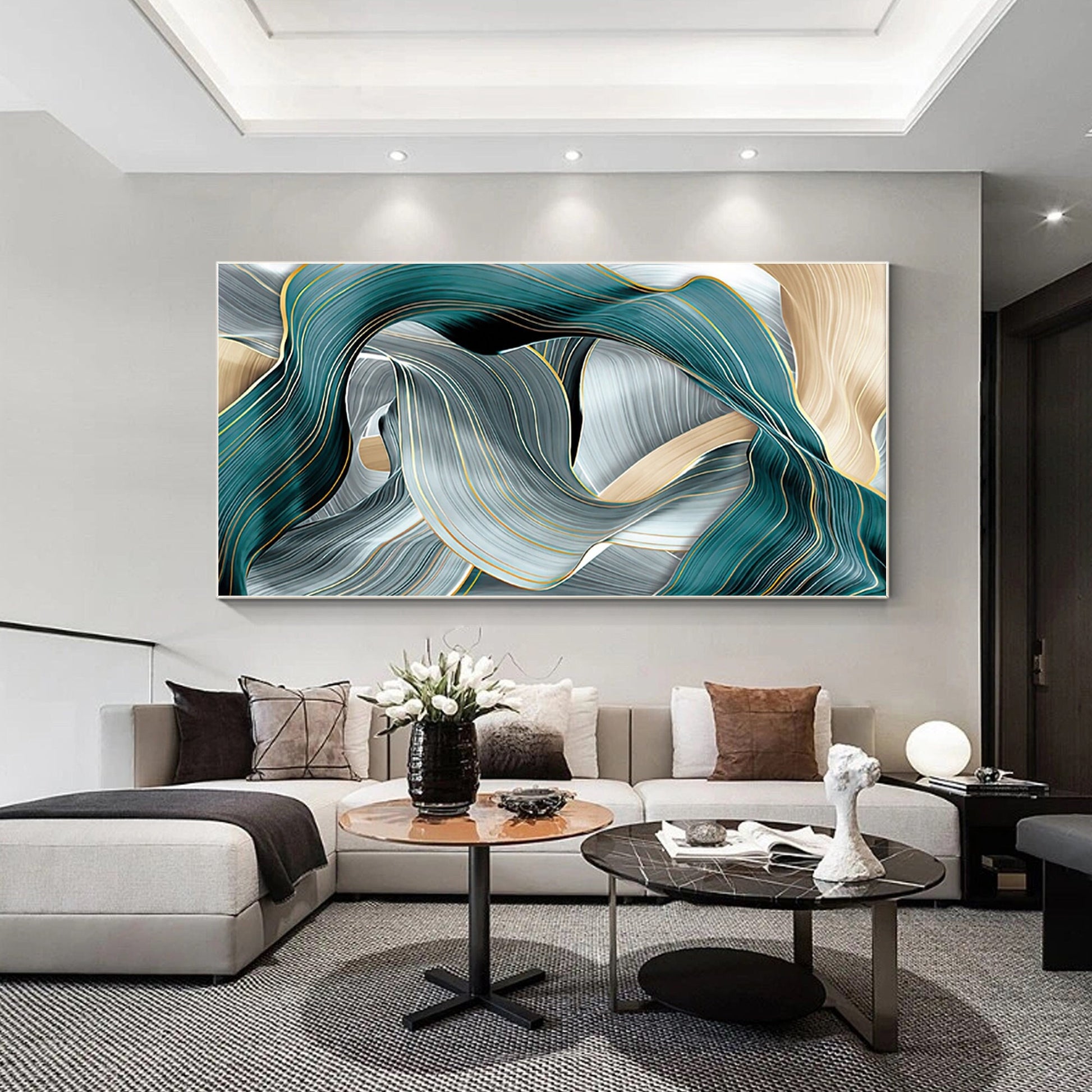Teal and Gold Abstract Canvas Wall Art, Extra Large Modern Turquoise & Gray Flui #1