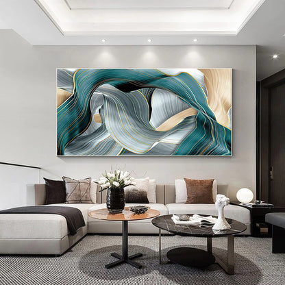 Teal and Gold Abstract Canvas Wall Art, Extra Large Modern Turquoise & Gray Flui #1