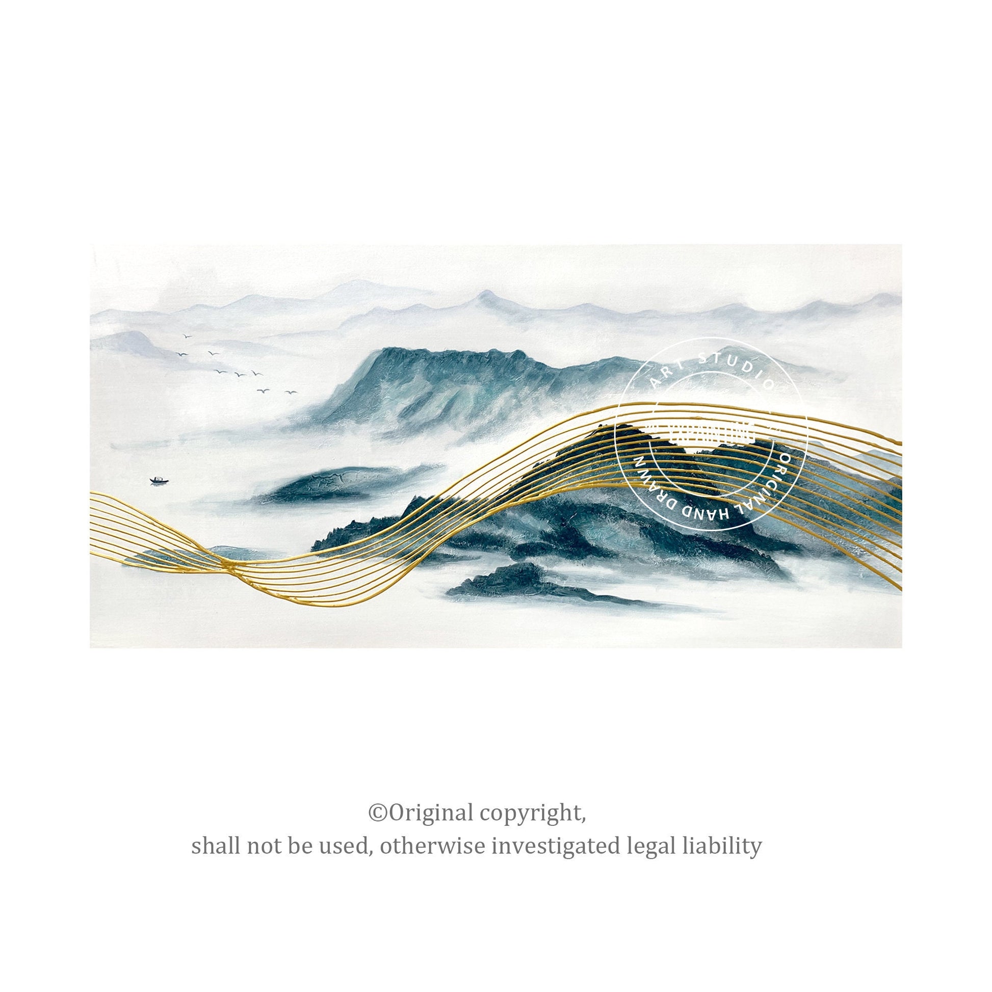 Teal and Gold Mountain Painting: Oriental Landscape Framed Canvas Art #2