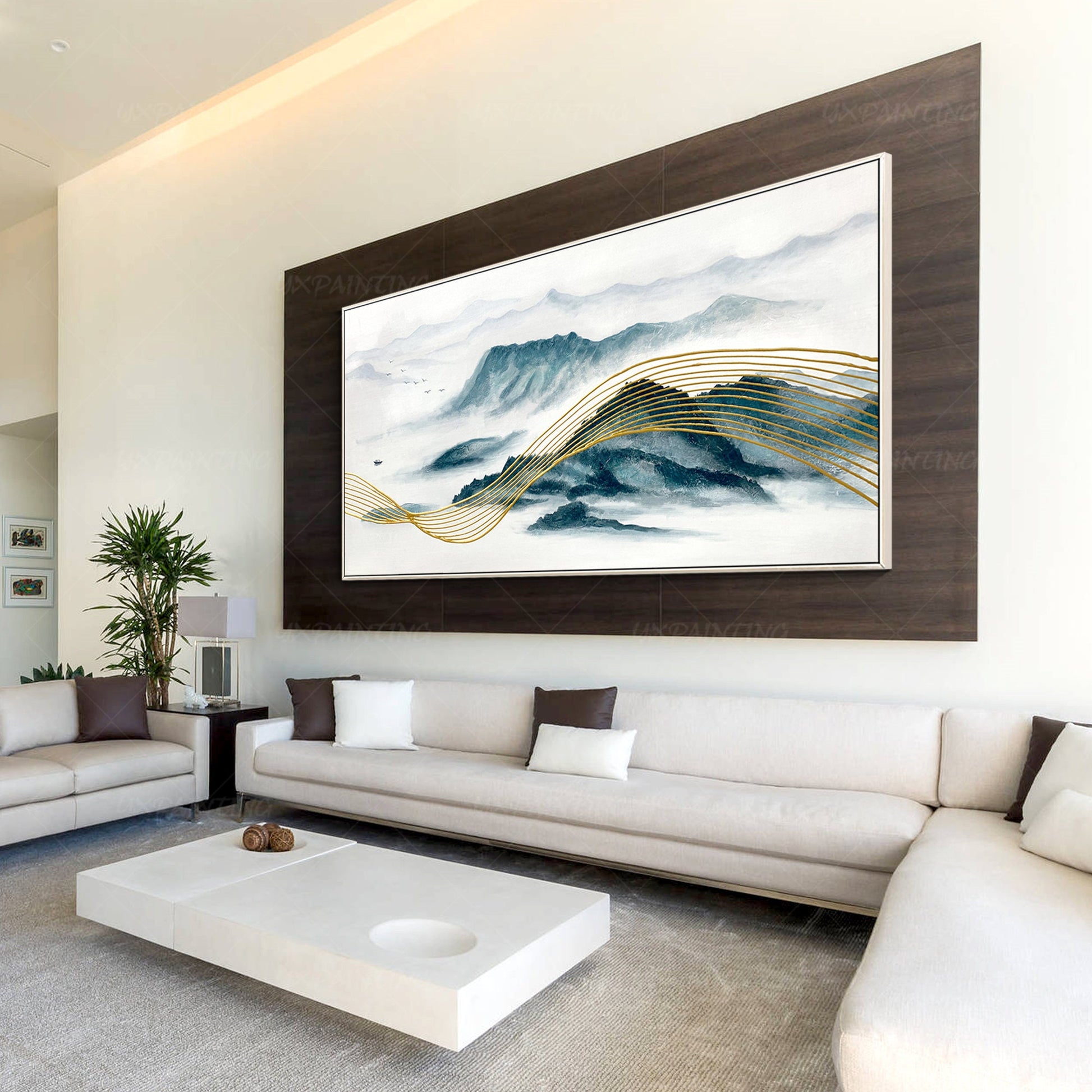 Teal and Gold Mountain Painting: Oriental Landscape Framed Canvas Art #3