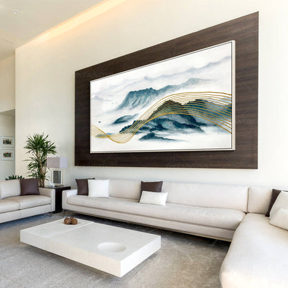 Teal and Gold Mountain Painting: Oriental Landscape Framed Canvas Art #3