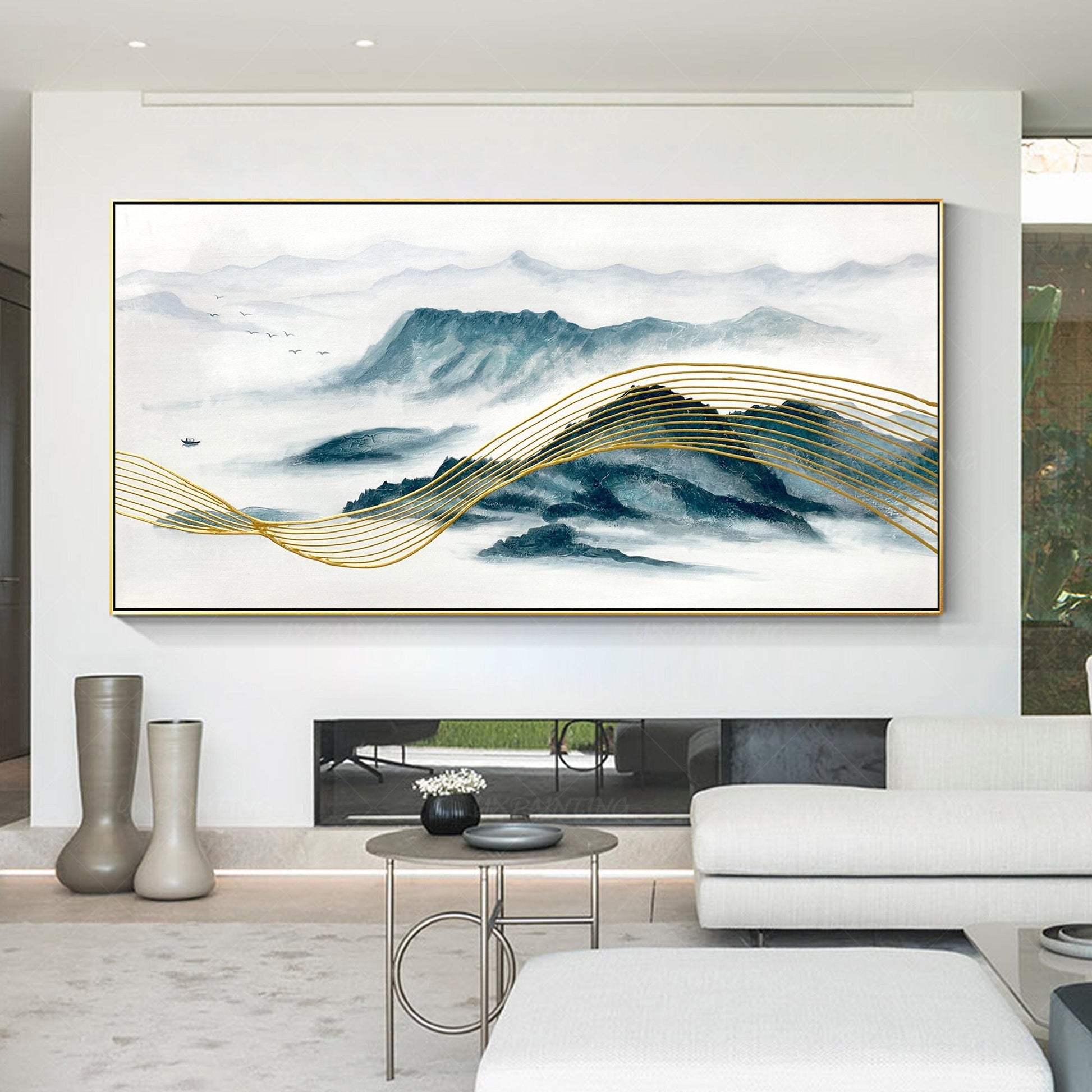Teal and Gold Mountain Painting: Oriental Landscape Framed Canvas Art #4