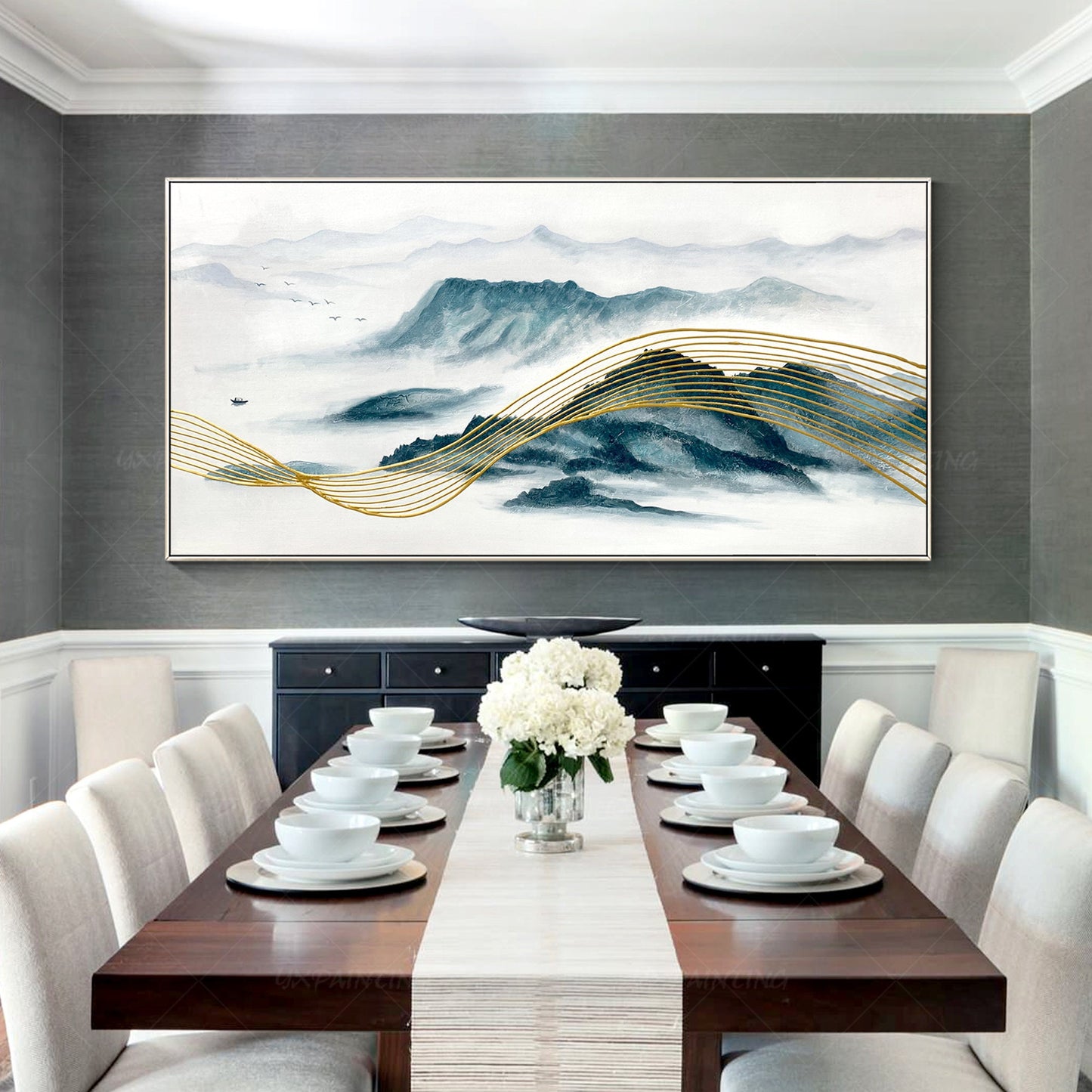 Teal and Gold Mountain Painting: Oriental Landscape Framed Canvas Art #5