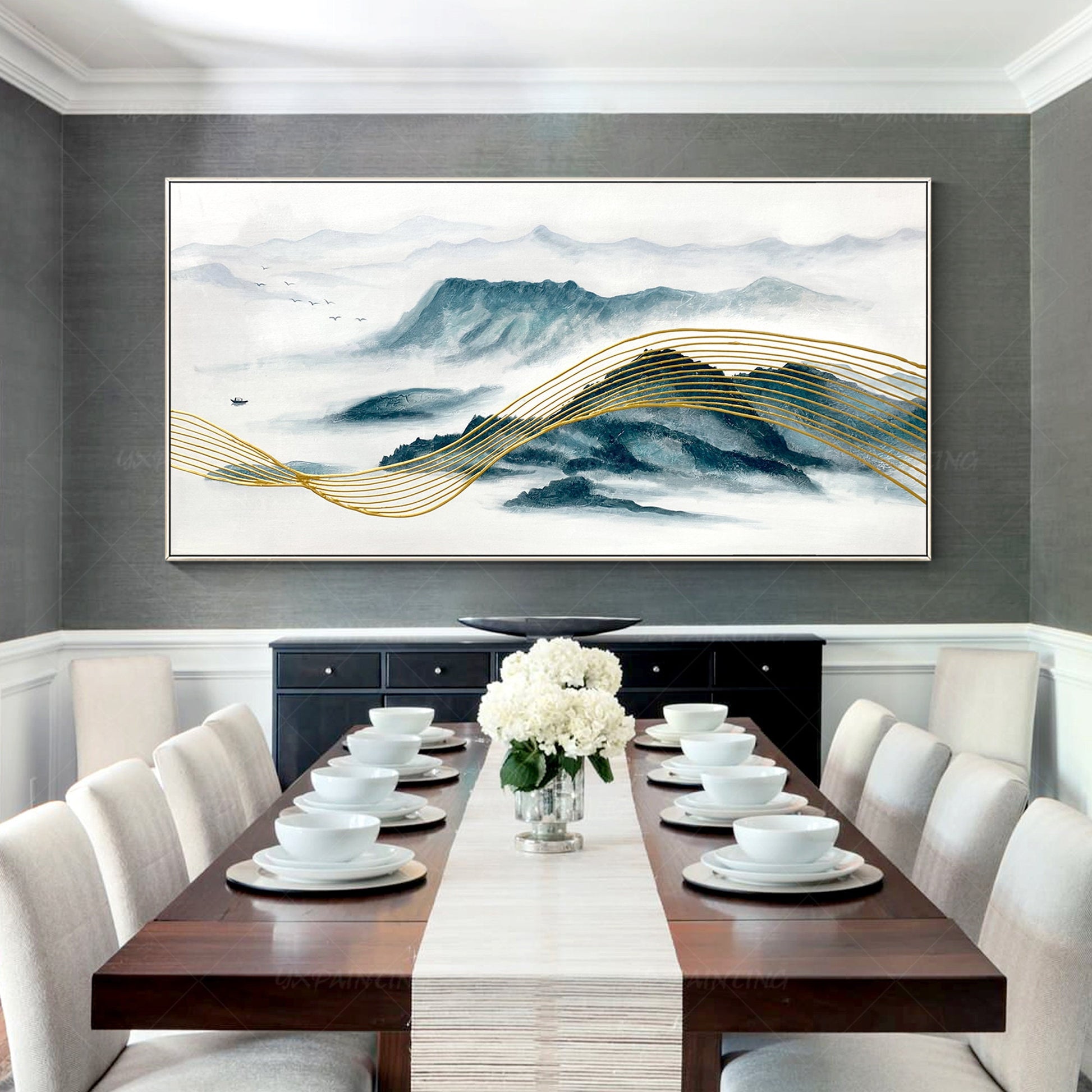 Teal and Gold Mountain Painting: Oriental Landscape Framed Canvas Art #5