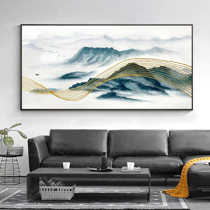Teal and Gold Mountain Painting: Oriental Landscape Framed Canvas Art #6