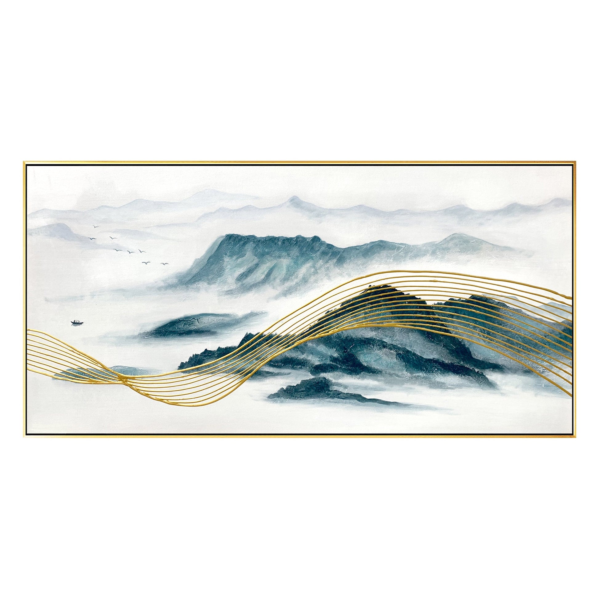 Teal and Gold Mountain Painting: Oriental Landscape Framed Canvas Art #7