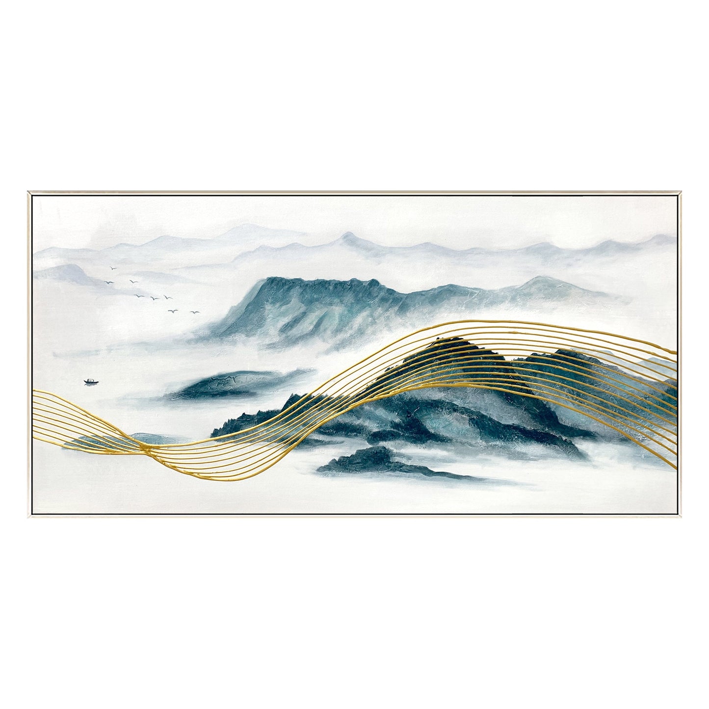 Teal and Gold Mountain Painting: Oriental Landscape Framed Canvas Art #8
