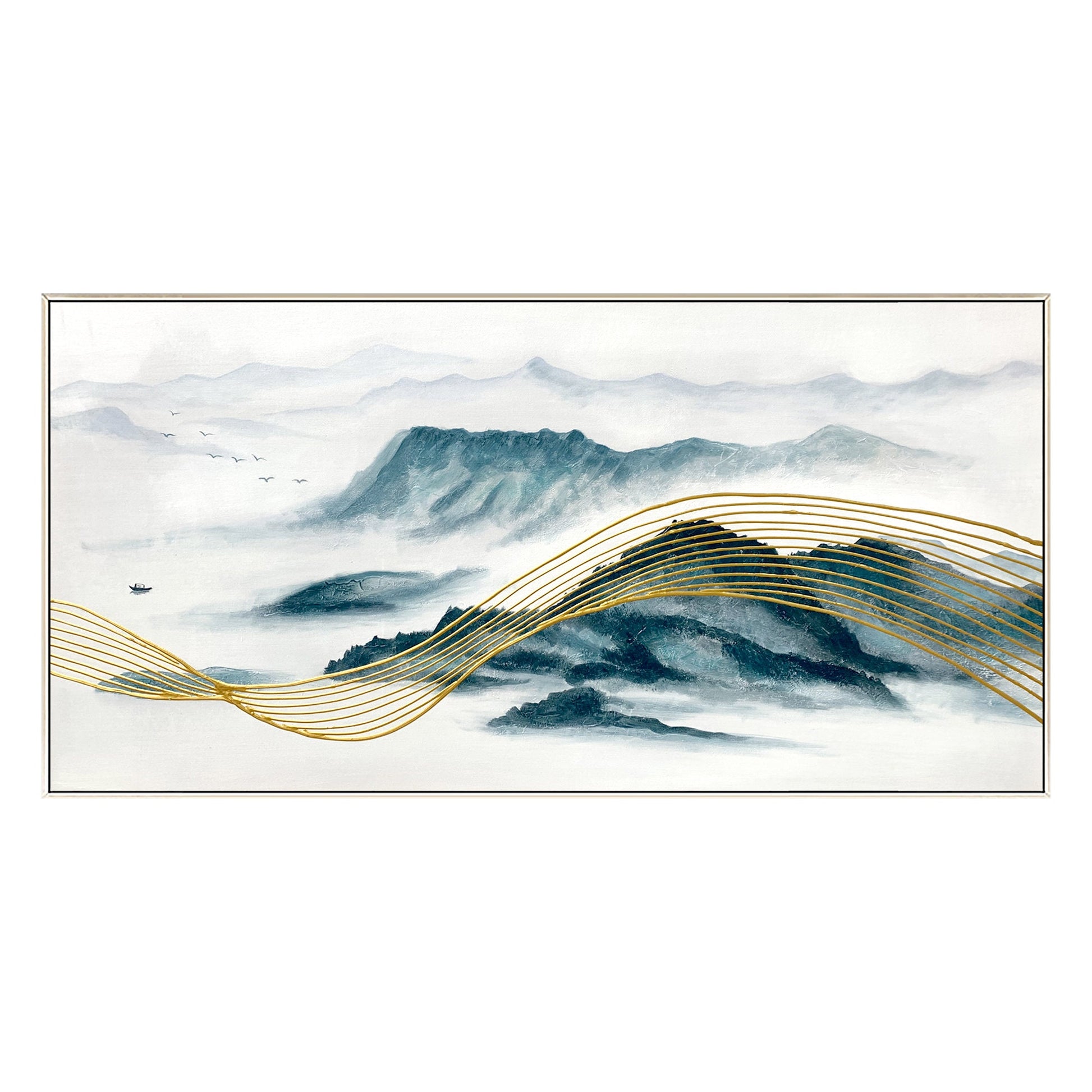 Teal and Gold Mountain Painting: Oriental Landscape Framed Canvas Art #8