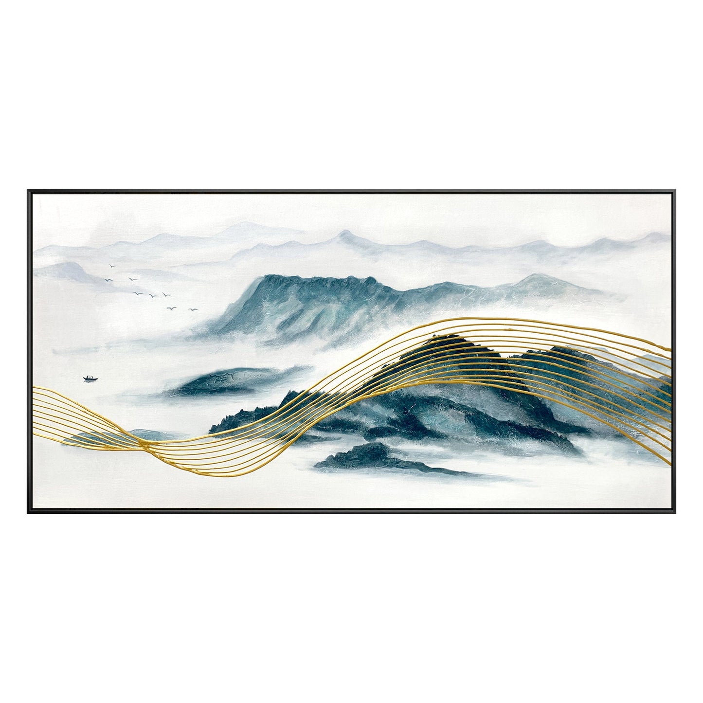 Teal and Gold Mountain Painting: Oriental Landscape Framed Canvas Art #9
