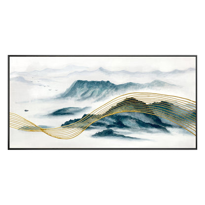 Teal and Gold Mountain Painting: Oriental Landscape Framed Canvas Art #9