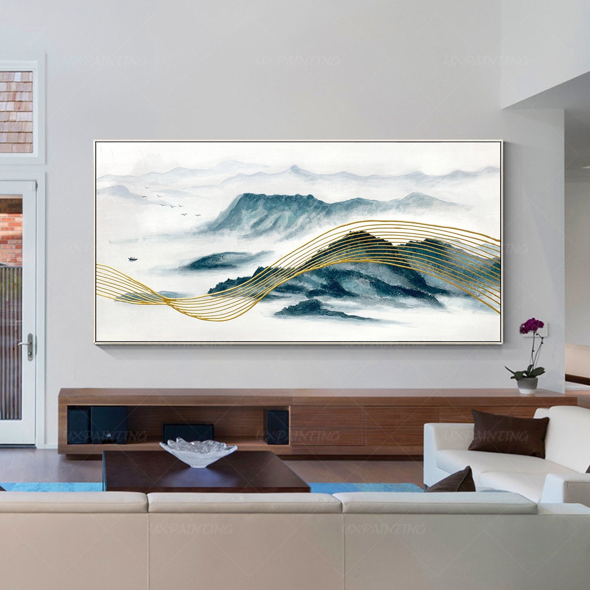 Teal and Gold Mountain Painting: Oriental Landscape Framed Canvas Art #1