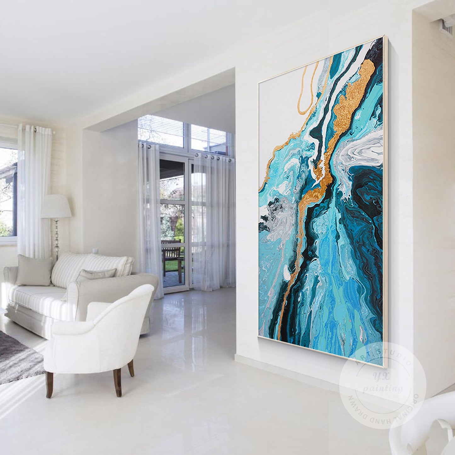 Teal Blue Gold Abstract Pour Painting: Textured Vertical Canvas Art #2