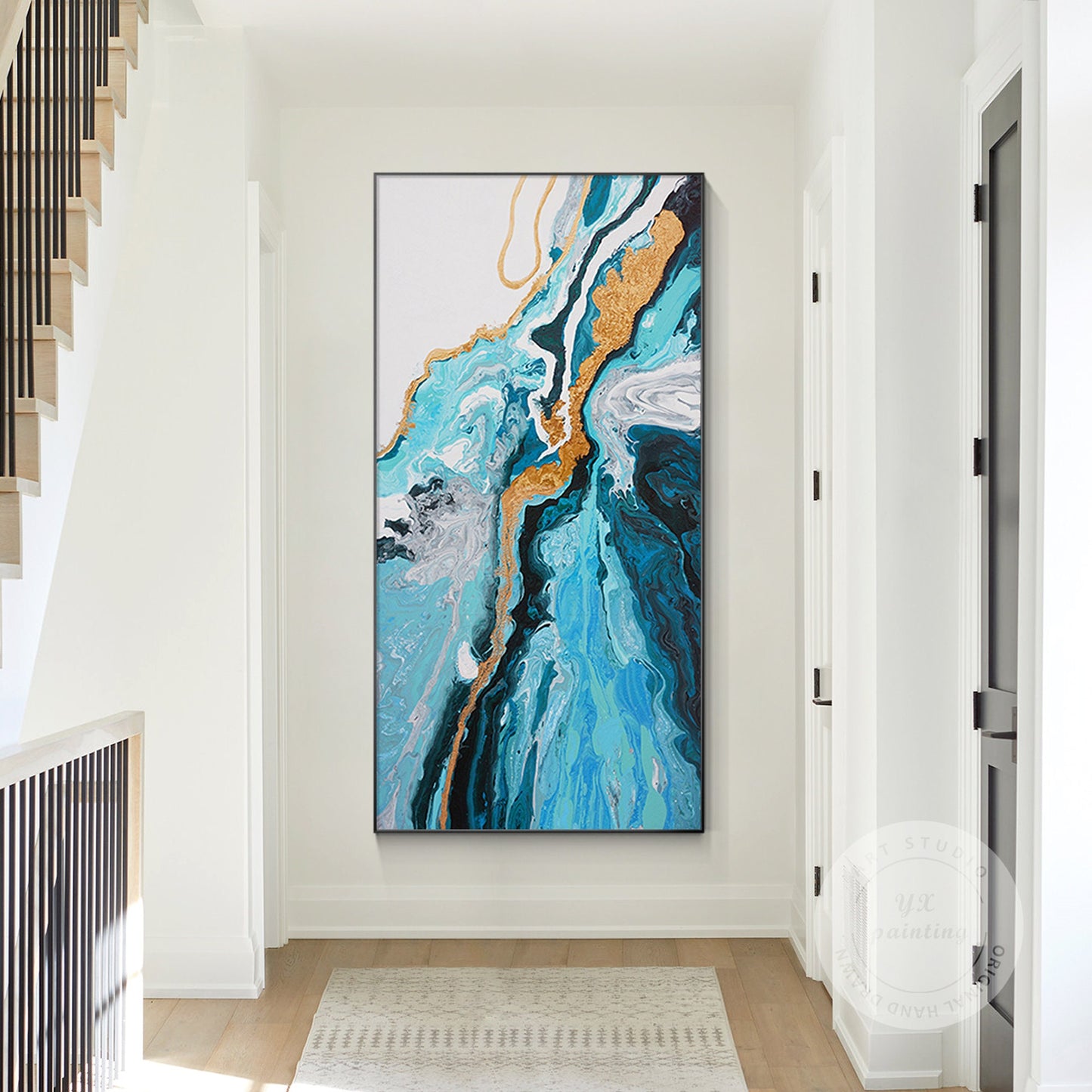 Teal Blue Gold Abstract Pour Painting: Textured Vertical Canvas Art #3