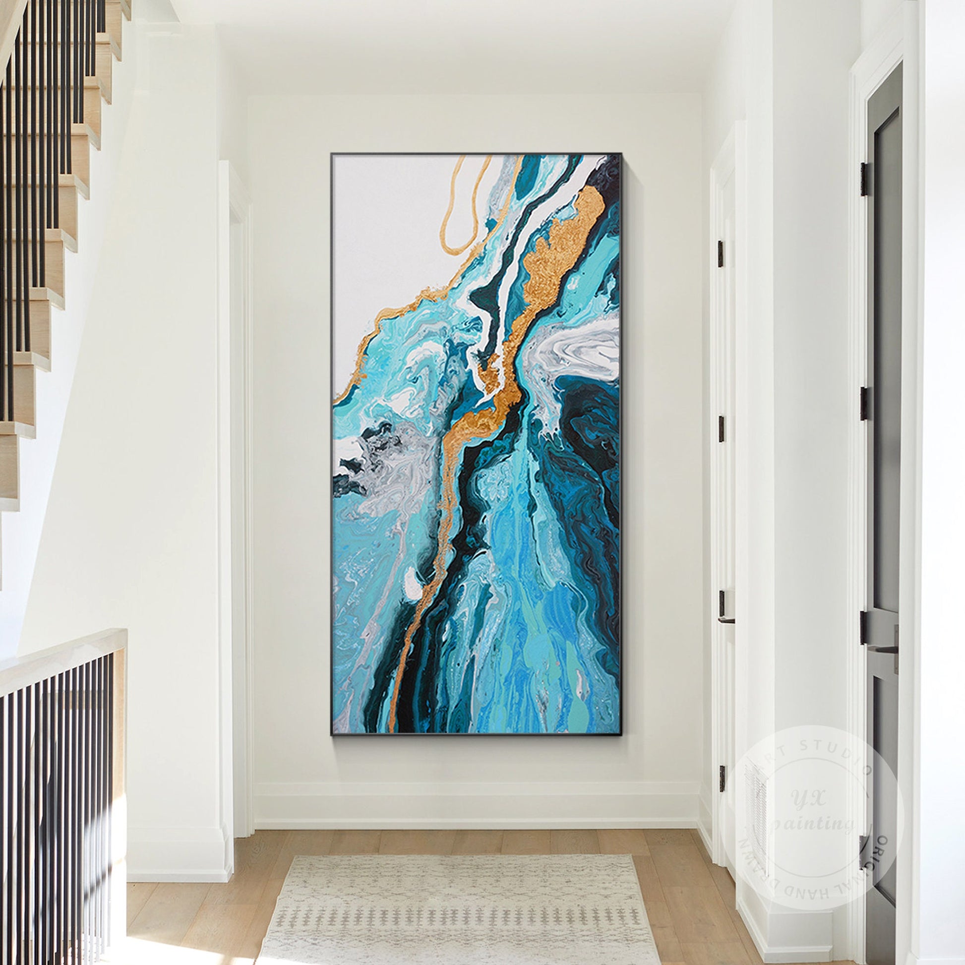 Teal Blue Gold Abstract Pour Painting: Textured Vertical Canvas Art #3