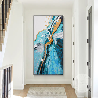 Teal Blue Gold Abstract Pour Painting: Textured Vertical Canvas Art #3