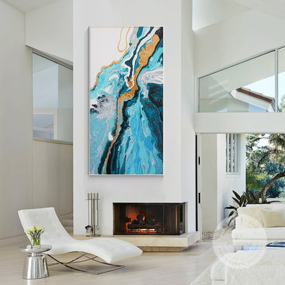 Teal Blue Gold Abstract Pour Painting: Textured Vertical Canvas Art #4