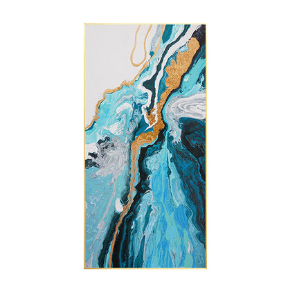 Teal Blue Gold Abstract Pour Painting: Textured Vertical Canvas Art #7