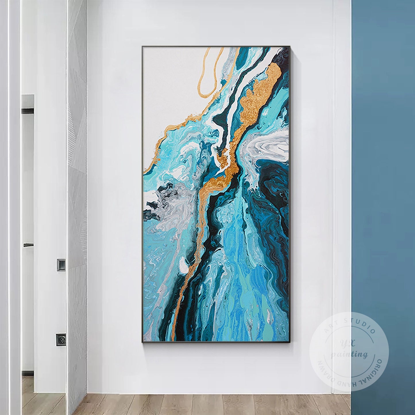 Teal Blue Gold Abstract Pour Painting: Textured Vertical Canvas Art #1