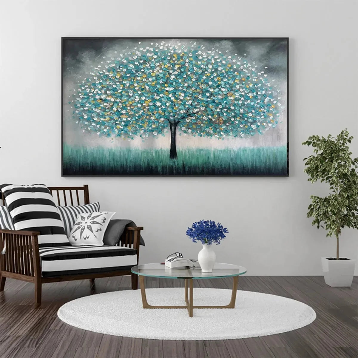 TEAL DREAM: Textured Tree Painting in Teal and Grey, Horizontal Canvas, Modern Wall Art | Figurative closeup, raised brushwork detail