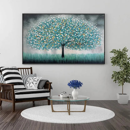 TEAL DREAM: Textured Tree Painting in Teal and Grey, Horizontal Canvas, Modern Wall Art | Figurative closeup, raised brushwork detail