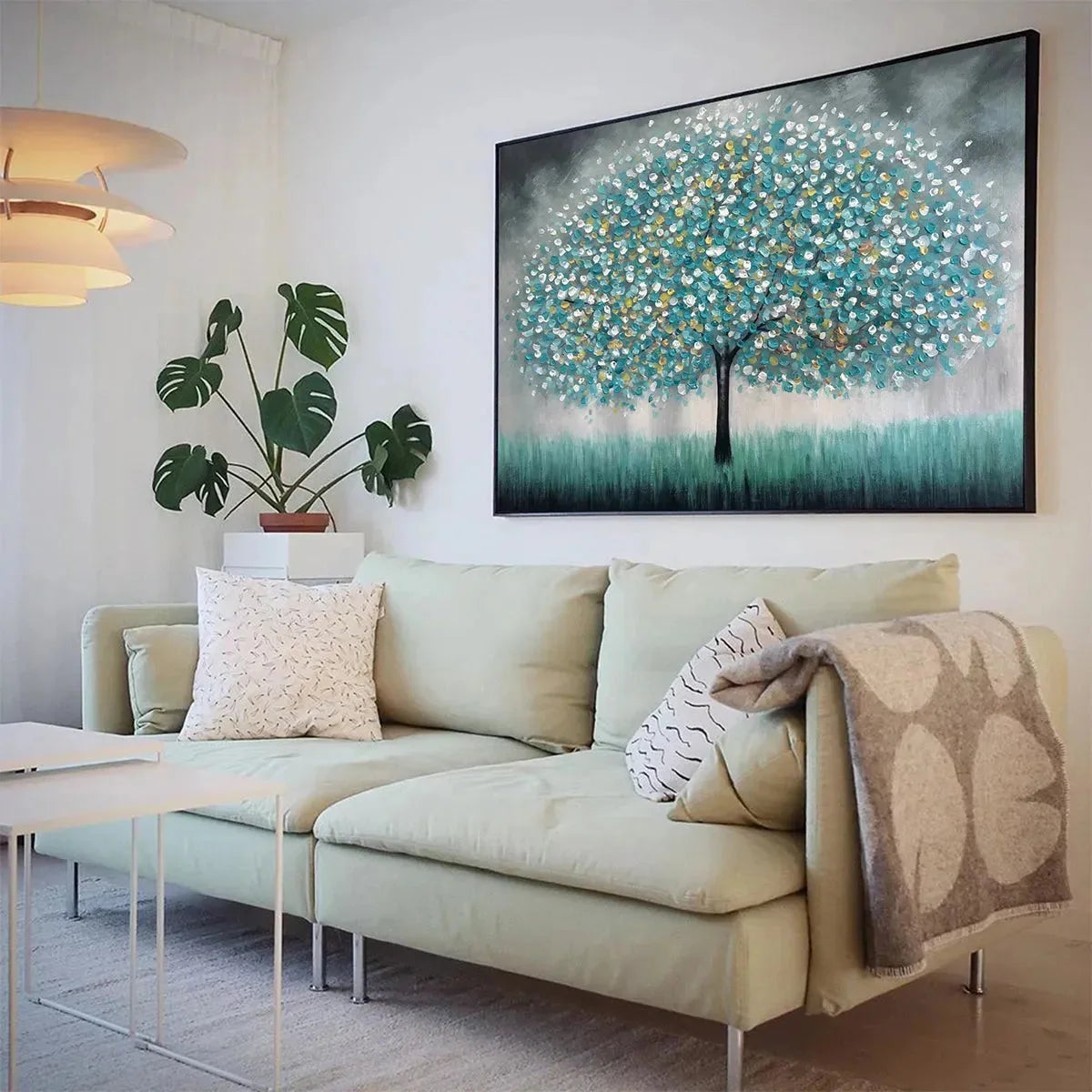 TEAL DREAM: Textured Tree Painting in Teal and Grey, Horizontal Canvas, Modern Wall Art | gold frame stretched on neutral wall