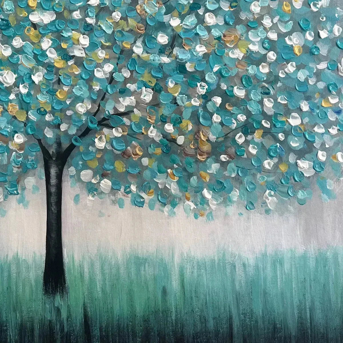 TEAL DREAM: Textured Tree Painting in Teal and Grey, Horizontal Canvas, Modern Wall Art | rolled canvas, ready for custom framing