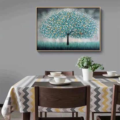 TEAL DREAM: Textured Tree Painting in Teal and Grey, Horizontal Canvas, Modern Wall Art | black frame version on white wall