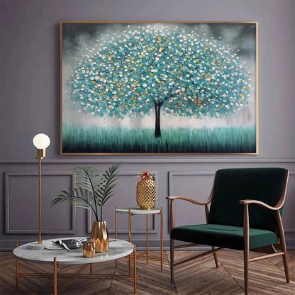 TEAL DREAM: Textured Tree Painting in Teal and Grey, Horizontal Canvas, Modern Wall Art | Figurative mood, soft natural light studio shot