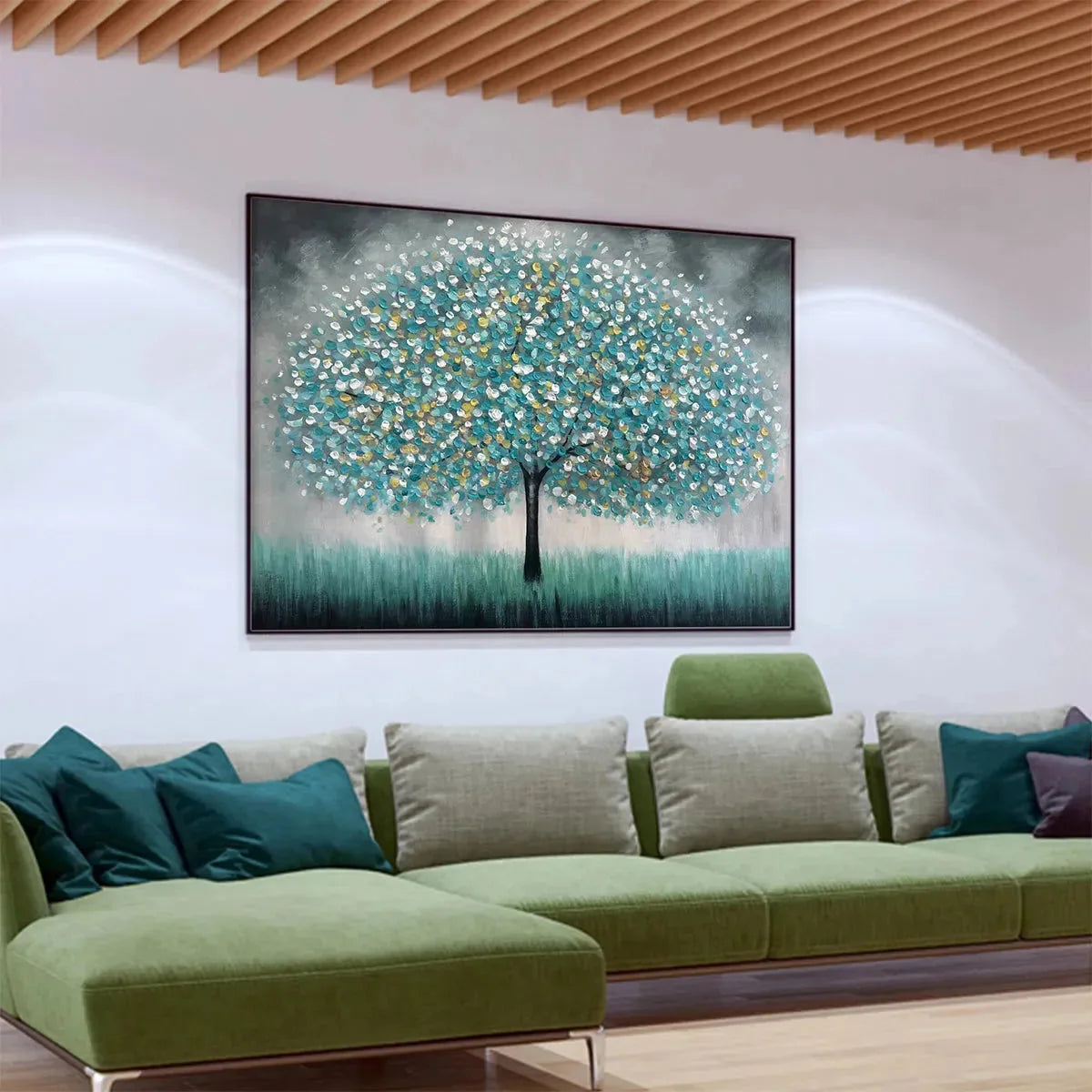TEAL DREAM: Textured Tree Painting in Teal and Grey, Horizontal Canvas, Modern Wall Art | green palette, original oil on stretched canvas art