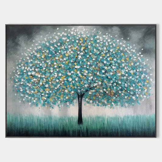 TEAL DREAM: Textured Tree Painting in Teal and Grey, Horizontal Canvas, Modern Wall Art | hanging in living room, Figurative wall art