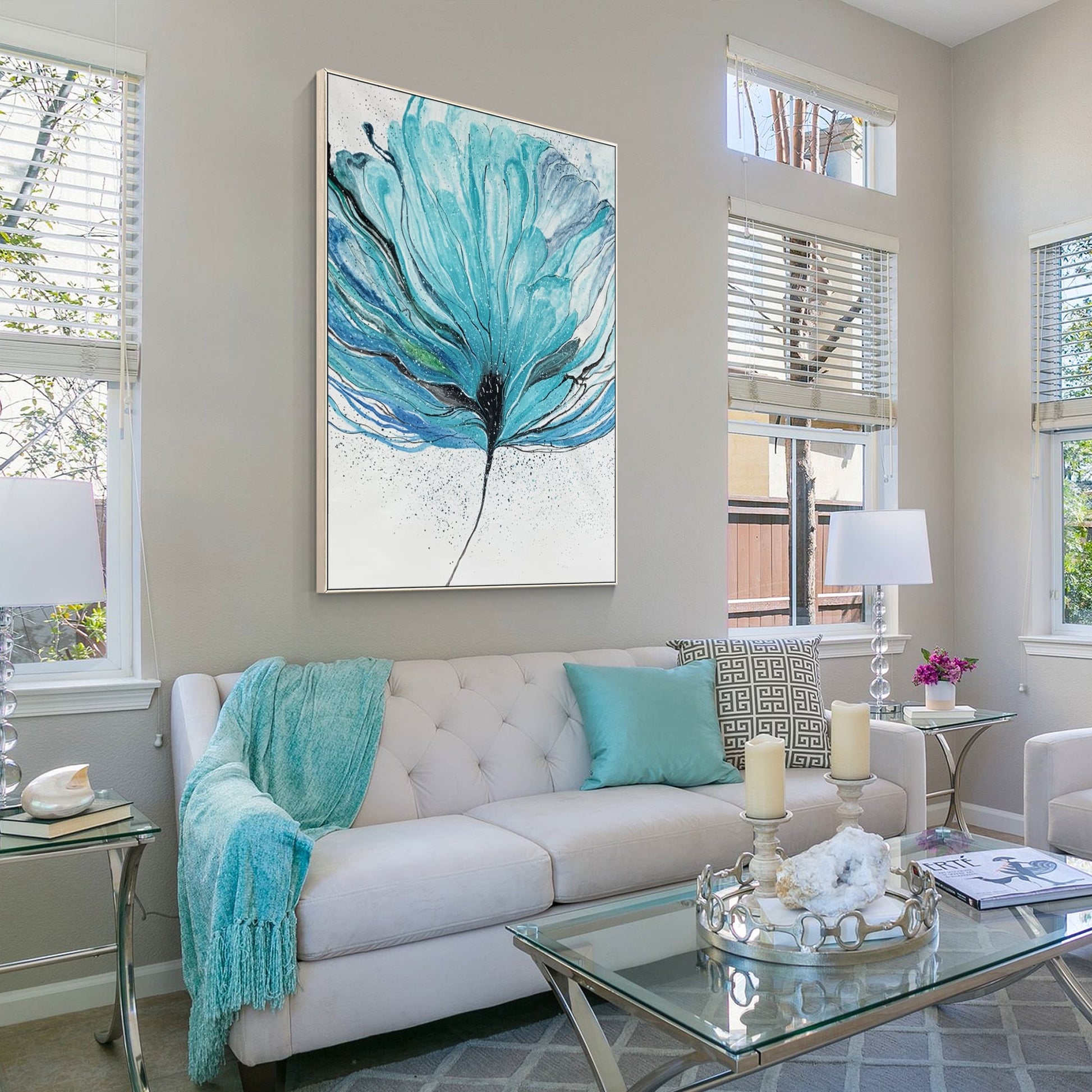Teal Flower Abstract Painting on Canvas: Oversize Framed Wall Art #2