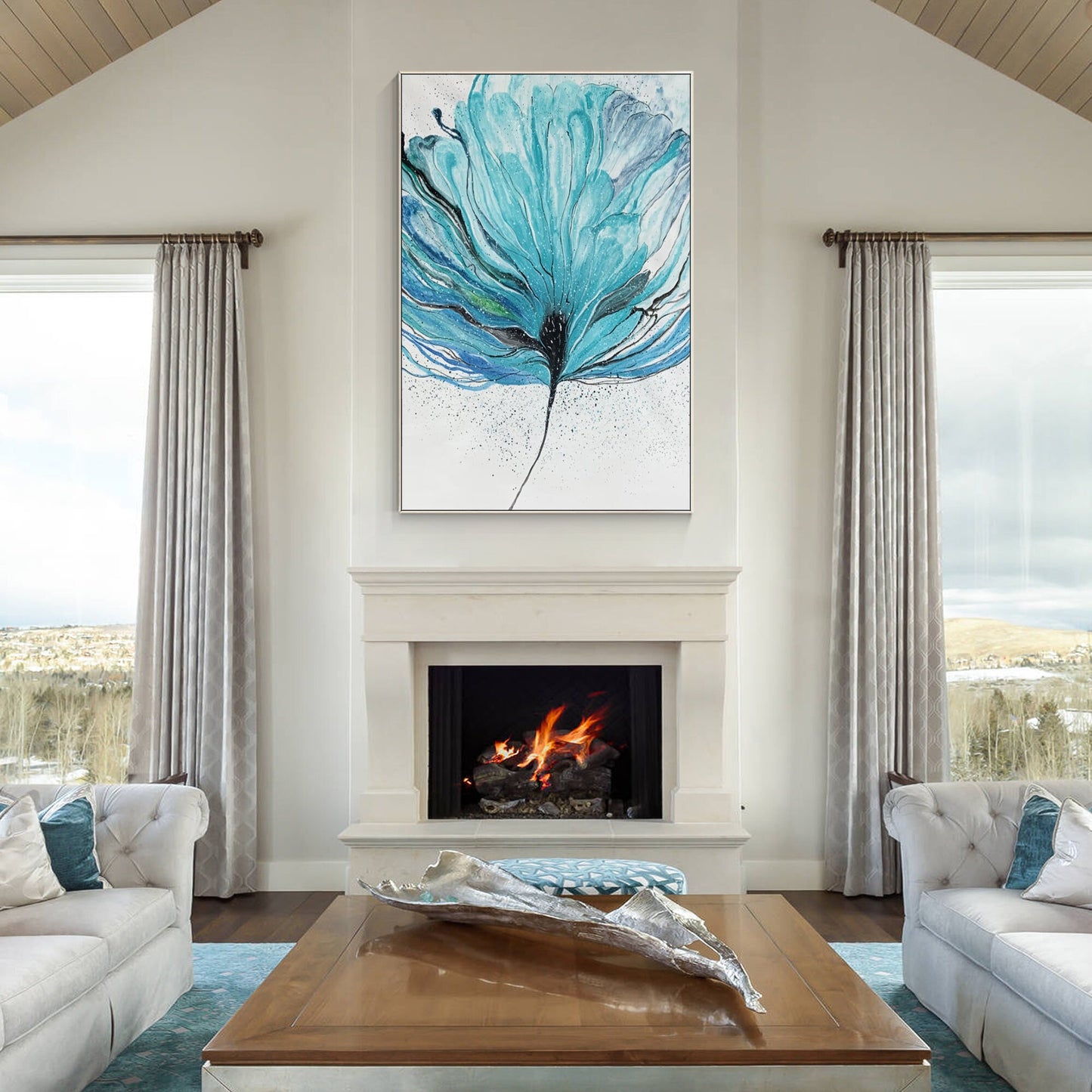 Teal Flower Abstract Painting on Canvas: Oversize Framed Wall Art #3