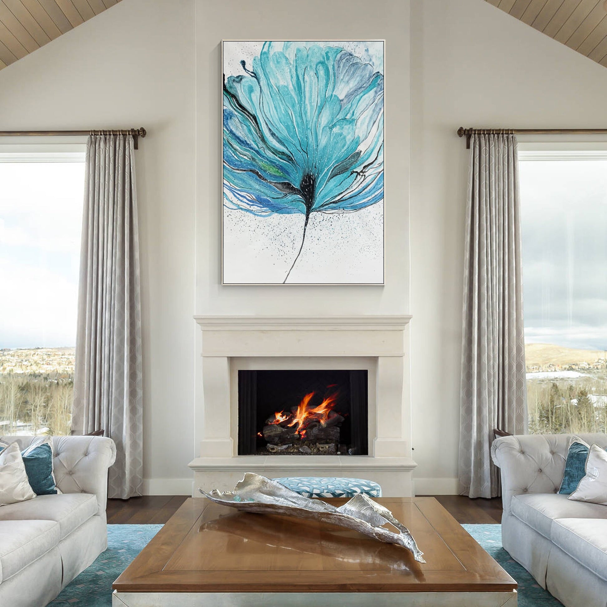 Teal Flower Abstract Painting on Canvas: Oversize Framed Wall Art #3