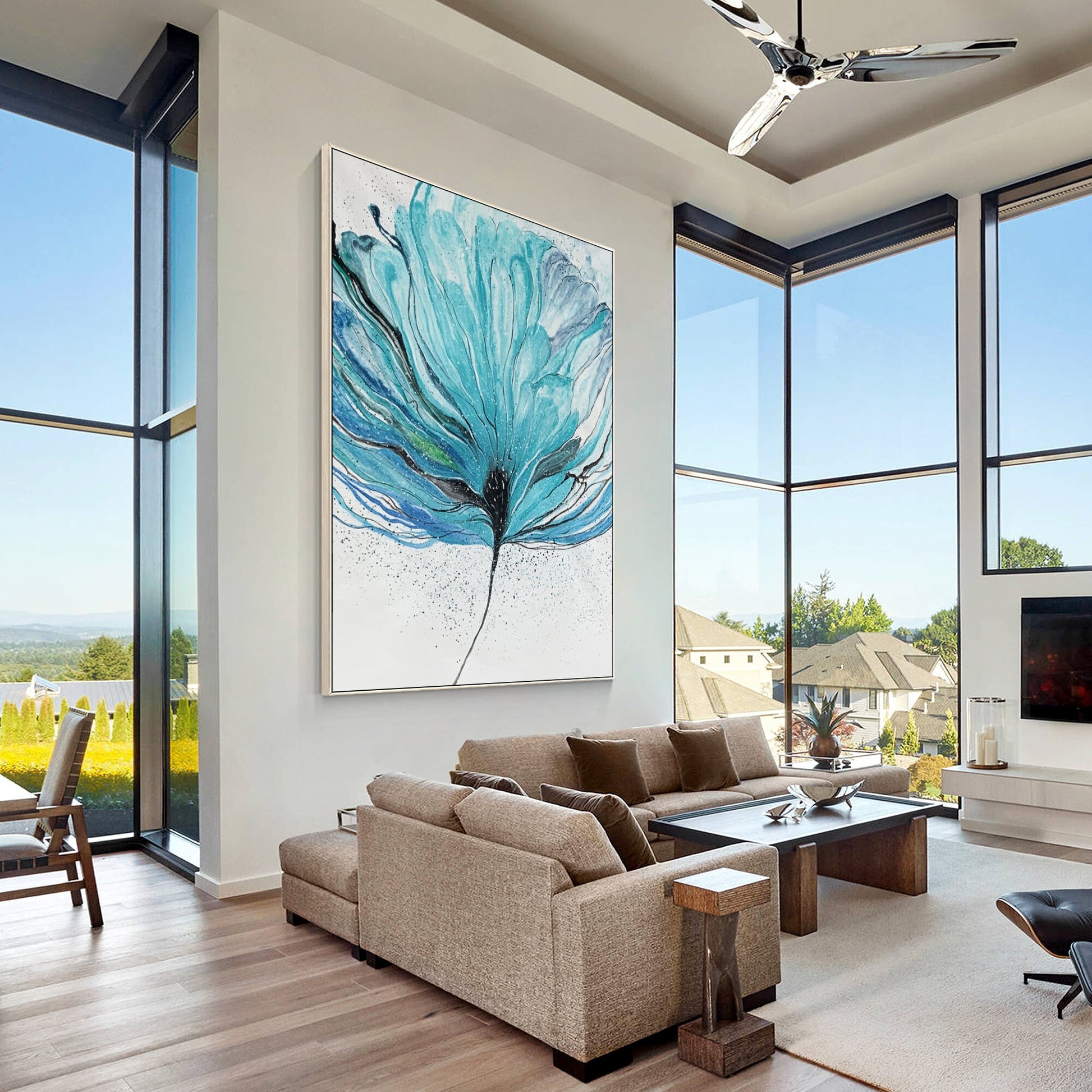 Teal Flower Abstract Painting on Canvas: Oversize Framed Wall Art #4